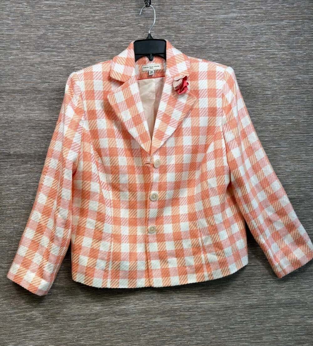 Amanda Smith Blazer Jacket Women Sz 18W Orange Pink White Plaid Long Sleeve Soft